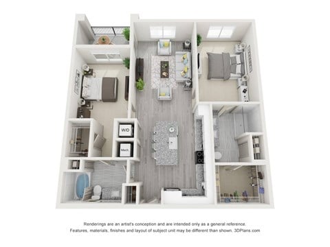 Floor plan for 2 beds, 2 baths, 1136 sqft